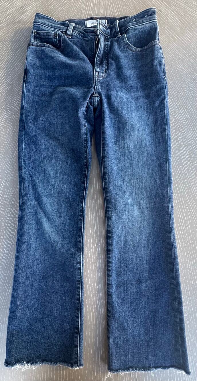 Madewell Kick Out Full Length Flare Jeans Dark Wash Raw Hem Denim Womens Size 25